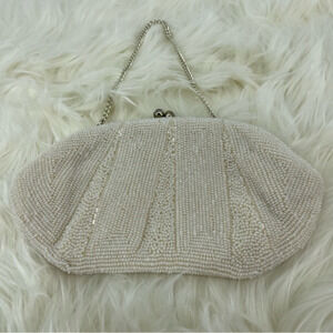 Vtg Bon Soir beaded purse white silver kiss long handmade in Japan Italian beads